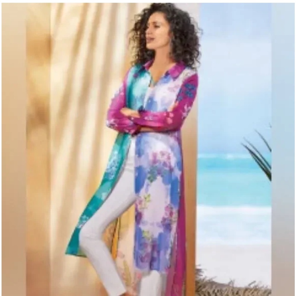 NWT Soft Surroundings Calaflores Floral Hi-Lo Button Down Tunic & Slip Size L.